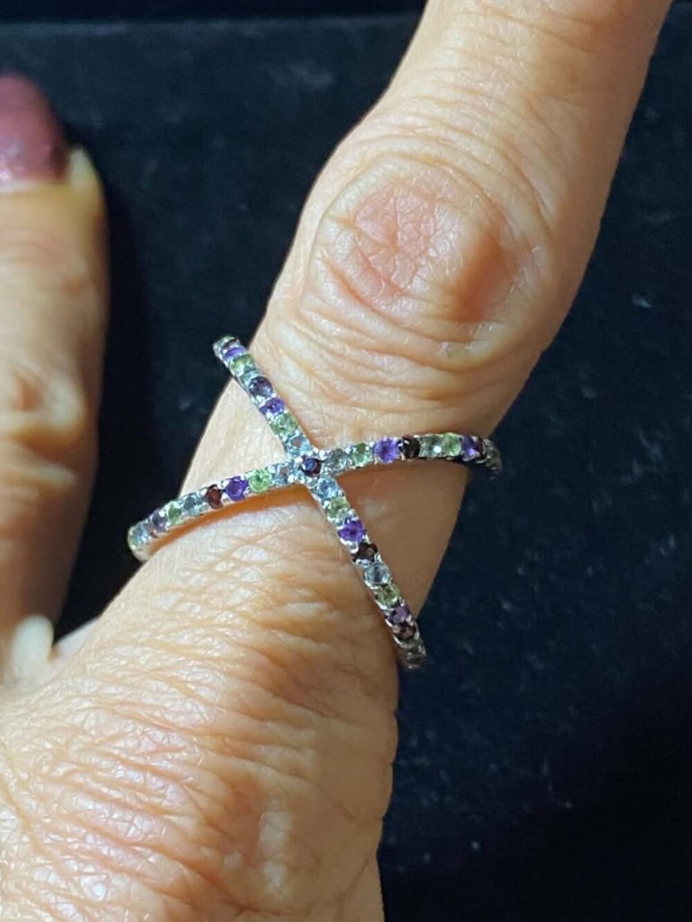 .925 Sterling Silver Unique X Multi Garnet Peridot Amethyst White Gemstone Ring